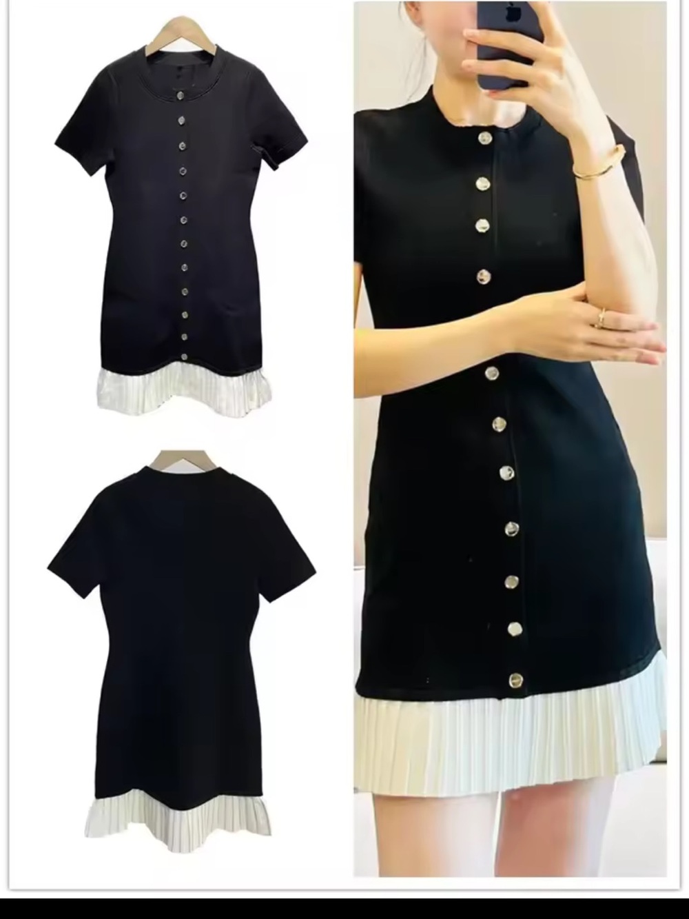 Black Short-Sleeve Button Front Dress with White Pleated Hem